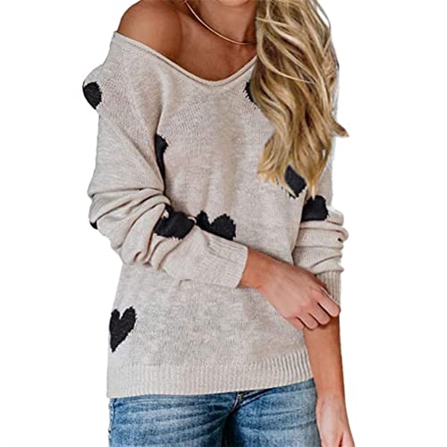 Tomwell Pullover mit Herzen Muster Damen Valentinstag Pullover Elegant Winter Oversize Langarm Beiläufige Grobstrickpullover Strickpullover Casual Lose Pulli Oberteile B Weiß L von Tomwell