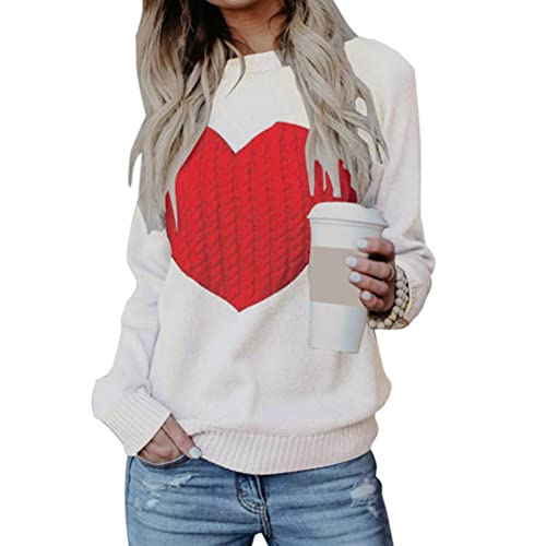 Tomwell Pullover mit Herzen Muster Damen Valentinstag Pullover Elegant Winter Oversize Langarm Beiläufige Grobstrickpullover Strickpullover Casual Lose Pulli Oberteile D Weiß L von Tomwell