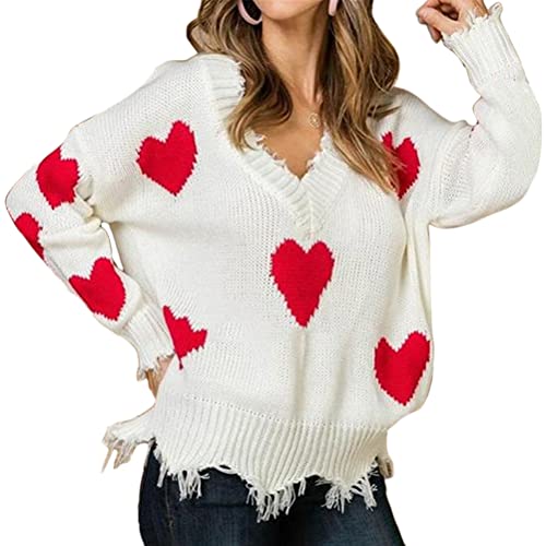 Tomwell Pullover mit Herzen Muster Damen Valentinstag Pullover Elegant Winter Oversize Langarm Beiläufige Grobstrickpullover Strickpullover Casual Lose Pulli Oberteile E Weiß M von Tomwell