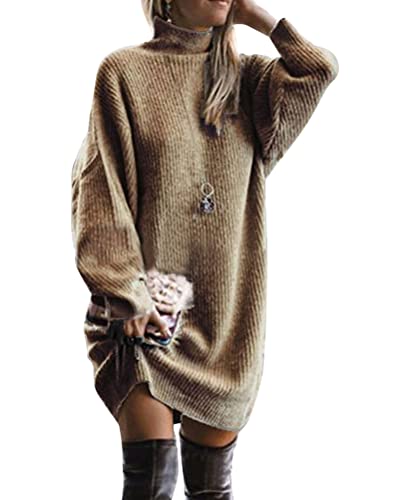 Tomwell Pulloverkleid Damen Herbst Winter Mode Langarm Lang Knielang Pullover Sweatshirt Party Elegant Sexy Blouse Mini Kleider A Khaki 3XL von Tomwell