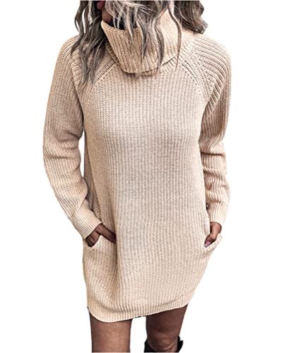 Tomwell Pulloverkleid Damen Herbst Winter Mode Langarm Lang Knielang Pullover Sweatshirt Party Elegant Sexy Blouse Mini Kleider B Beige XL von Tomwell