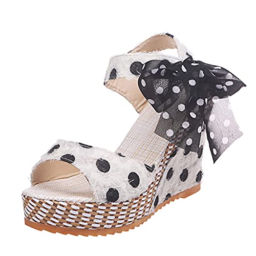 Tomwell Sandalen Damen Keilabsatz Römersandalen Espadrilles Plateau Sandaletten mit Polka Dots Punkte High Heels Elegant Sommerschuhe für Frauen Peeptoe Sandalen von Tomwell