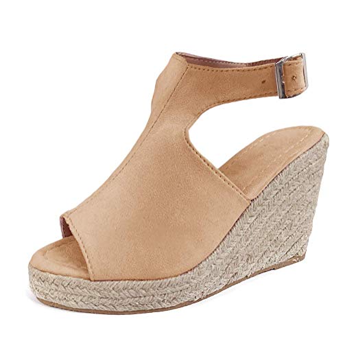 Tomwell Sandalen Sommer Damen Casual Keilabsatz Wedges Offene Schuhe Mit Absatz Sandaletten Strandschuhe Riemchensandalen Flip Flops Freizeit Sommerschuhe Khaki 38 EU von Tomwell