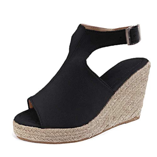 Tomwell Sandalen Sommer Damen Casual Keilabsatz Wedges Offene Schuhe Mit Absatz Sandaletten Strandschuhe Riemchensandalen Flip Flops Freizeit Sommerschuhe Schwarz 39 EU von Tomwell