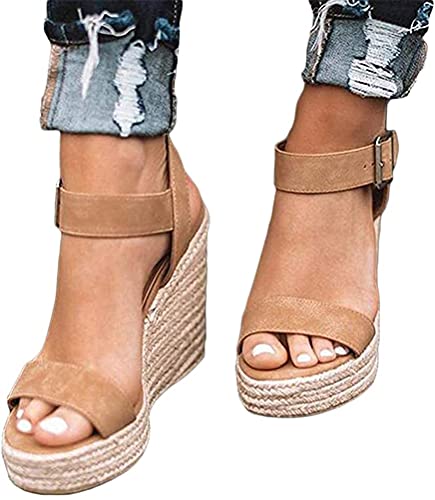 Tomwell Sandalen Sommer Damen Casual Keilabsatz Wedges Offene Schuhe Mit Absatz Sandaletten Strandschuhe Riemchensandalen Flip Flops Freizeit Sommerschuhe T Khaki 36 EU von Tomwell