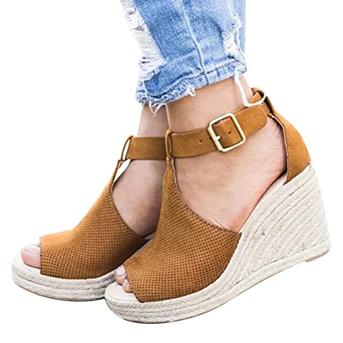 Tomwell Sandalen Sommer Damen Casual Keilabsatz Wedges Offene Schuhe Mit Absatz Sandaletten Strandschuhe Riemchensandalen Flip Flops Freizeit Sommerschuhe U Braun 39 EU von Tomwell