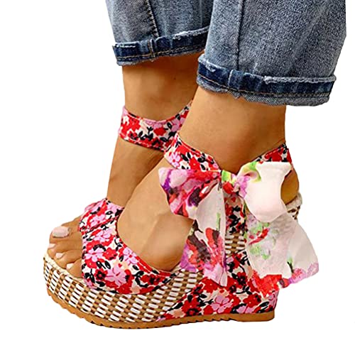 Tomwell Sandalen Sommer Damen Casual Keilabsatz Wedges Offene Schuhe Mit Absatz Sandaletten Strandschuhe Riemchensandalen Flip Flops Freizeit Sommerschuhe Y Rot 35 EU von Tomwell