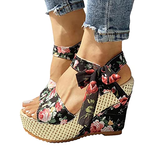 Tomwell Sandalen Sommer Damen Casual Keilabsatz Wedges Offene Schuhe Mit Absatz Sandaletten Strandschuhe Riemchensandalen Flip Flops Freizeit Sommerschuhe Z Schwarz 39 EU von Tomwell