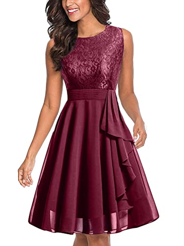Tomwell Schönes Kleid für Damen A-Line Rundhalsausschnitt Ärmellos Elegant Hollow Out Spitze Swing Cocktailkleid Vintage Kleid Party A Weinrot M von Tomwell