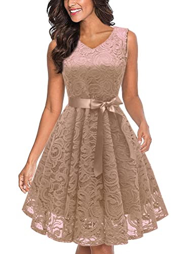 Tomwell Schönes Kleid für Damen A-Line Rundhalsausschnitt Ärmellos Elegant Hollow Out Spitze Swing Cocktailkleid Vintage Kleid Party C Aprikose S von Tomwell