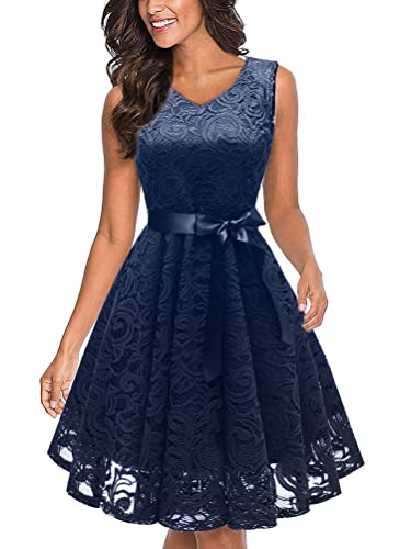 Tomwell Schönes Kleid für Damen A-Line Rundhalsausschnitt Ärmellos Elegant Hollow Out Spitze Swing Cocktailkleid Vintage Kleid Party C Blau M von Tomwell