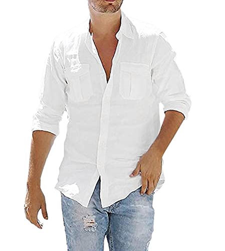 Tomwell Shirts Herren Baumwolle Leinenhemd Herbst Winter Herren Hemd Langarm Regular Fit Freizeithemd Shirts A Weiß 4XL von Tomwell