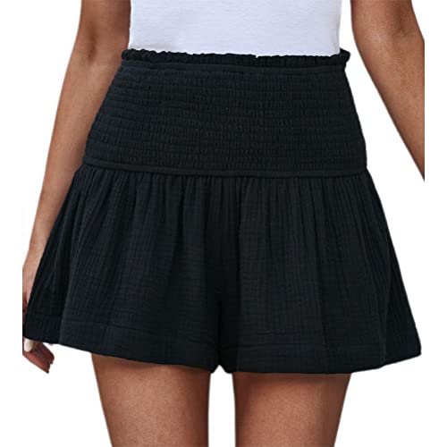 Tomwell Shorts Damen Kurz Baumwolle Hose Freizeit Sport Sommerhose mit Taschen Leinenhose Einfarbig Lässig Löwenzahn Druck Freizeithose Elastische Taille Sporthose Strandshorts A Schwarz S von Tomwell