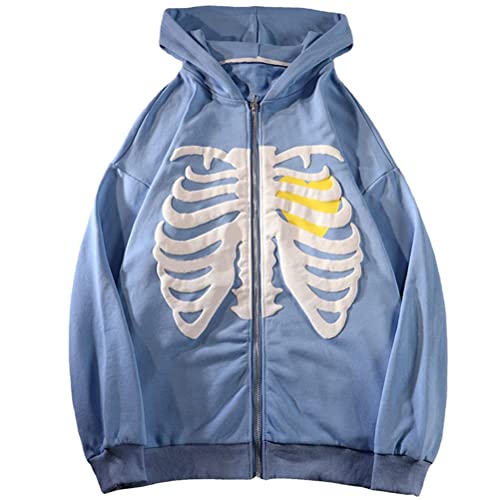 Tomwell Skelett Zip Up Hoodie für Damen Herren Goth Skelett Graphics Jacke Herbst Frühling Harajuku für Paare Sweatshirt Vintage Kordelzug Sweatjacke mit Kapuze Top A Blau L von Tomwell