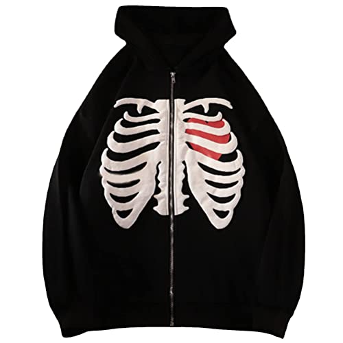 Tomwell Skelett Zip Up Hoodie für Damen Herren Goth Skelett Graphics Jacke Herbst Frühling Harajuku für Paare Sweatshirt Vintage Kordelzug Sweatjacke mit Kapuze Top A Schwarz L von Tomwell