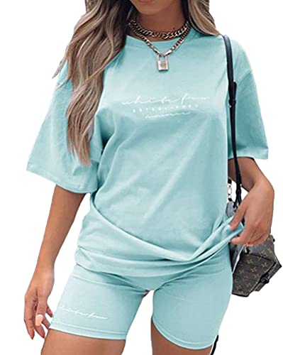 Tomwell Sommer Kurzarm Top Shorts Set für Damen Casual Freizeitanzug Rundhals Einfarbig Lose Sportbekleidung Zweiteiler Briefdruck Jogginganzug Outfits Blau XL von Tomwell