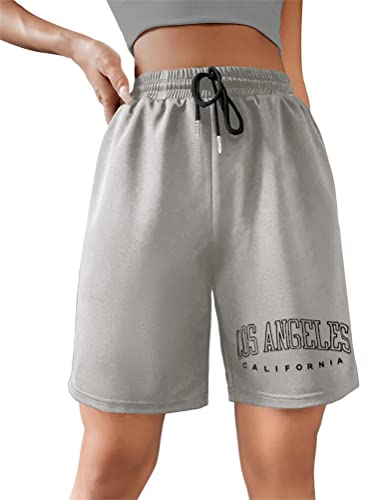 Tomwell Sommer Kurze Hose Damen High Waist Shorts mit Buchstaben Grafik Locker Sport Freizeithosen Athletic Sweatshorts Teenager Mädchen Y2K Shorts mit Taschen Gummibund A Grau L von Tomwell