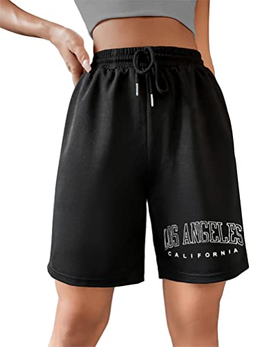 Tomwell Sommer Kurze Hose Damen High Waist Shorts mit Buchstaben Grafik Locker Sport Freizeithosen Athletic Sweatshorts Teenager Mädchen Y2K Shorts mit Taschen Gummibund A Schwarz L von Tomwell