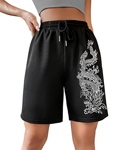 Tomwell Sommer Kurze Hose Damen High Waist Shorts mit Buchstaben Grafik Locker Sport Freizeithosen Athletic Sweatshorts Teenager Mädchen Y2K Shorts mit Taschen Gummibund B Schwarz S von Tomwell