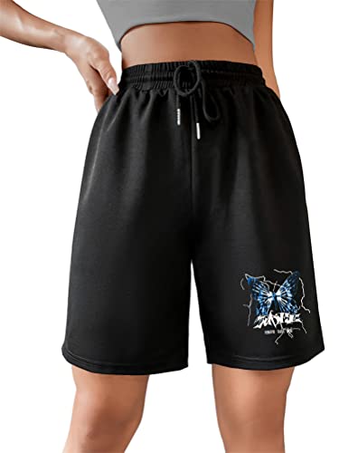 Tomwell Sommer Kurze Hose Damen High Waist Shorts mit Buchstaben Grafik Locker Sport Freizeithosen Athletic Sweatshorts Teenager Mädchen Y2K Shorts mit Taschen Gummibund D Schwarz L von Tomwell