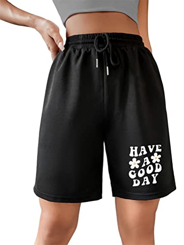 Tomwell Sommer Kurze Hose Damen High Waist Shorts mit Buchstaben Grafik Locker Sport Freizeithosen Athletic Sweatshorts Teenager Mädchen Y2K Shorts mit Taschen Gummibund F Schwarz M von Tomwell