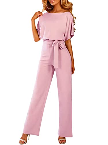 Tomwell Sommer Lang Jumpsuit Damen Elegant Kurzarm Rundhals Playsuit mit Gürtel Hosenanzug Breite Weites Bein Overall für Hochzeit Business Festlich Rosa XS von Tomwell