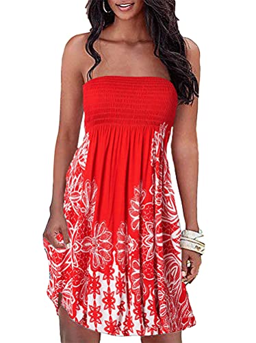 Tomwell Sommerkleid Damen Bandeau Boho MiniKleid Ärmellos Elegant Freizeitkleid Kurz Strandkleid Blumenmuster Drucken Sexy Loose Blumenkleid A Rot S von Tomwell