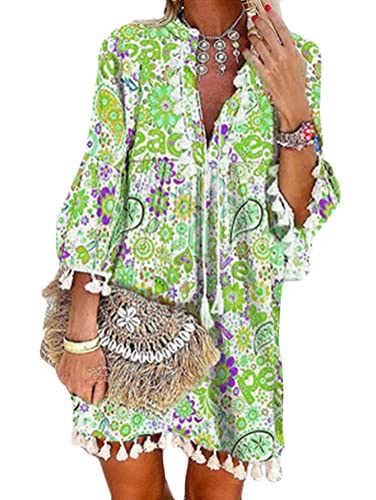Tomwell Sommerkleid Damen Boho Kleider Elegant Blumen A-Linie V-Ausschnitt 3/4-Arm T-Shirt Kleider Casual Strand Kleider Lose Quaste Tunika C Grün S von Tomwell