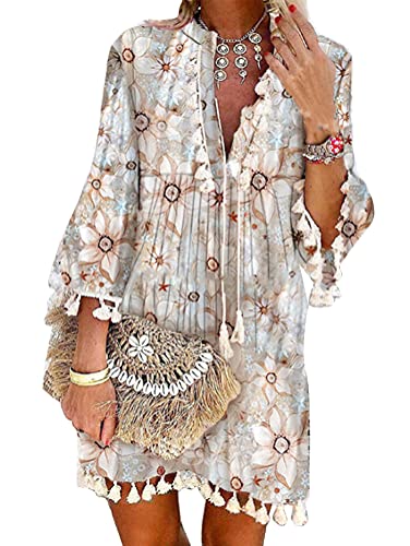 Tomwell Sommerkleid Damen Boho Kleider Elegant Blumen A-Linie V-Ausschnitt 3/4-Arm T-Shirt Kleider Casual Strand Kleider Quaste Tunika D Weiß XXL von Tomwell