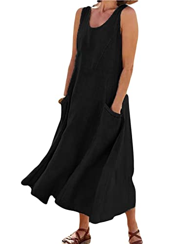 Tomwell Sommerkleid Damen Casual Einfarbig T-Shirt Kleid Kurzarm V-Ausschnitt Leinen Kleider Lose A-Linie Leinenkleid Strandkleider C Schwarz M von Tomwell