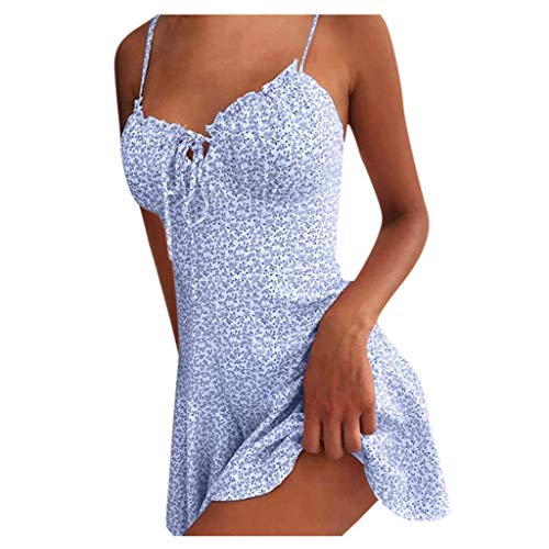 Tomwell Sommerkleid Damen Casual Sexy Rückenfrei Minikleid Blumen Spaghettiträger Strandkleider Ärmellos Kurz Kleider V-Ausschnitt Schöne Kleider (M, A Blau) von Tomwell