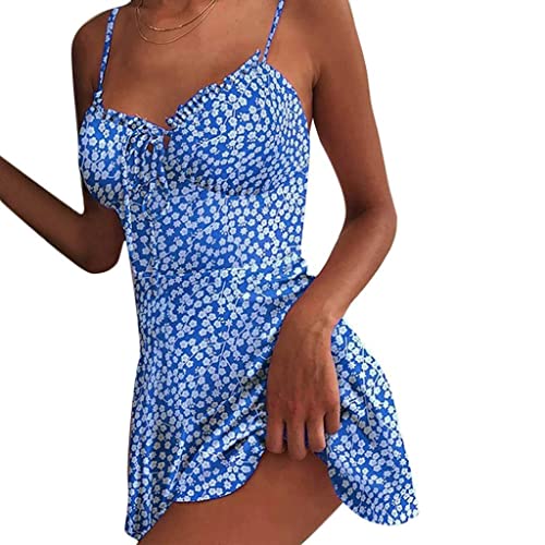 Tomwell Sommerkleid Damen Casual Sexy Rückenfrei Minikleid Blumen Spaghettiträger Strandkleider Ärmellos Kurz Kleider V-Ausschnitt Schöne Kleider K Blau S von Tomwell