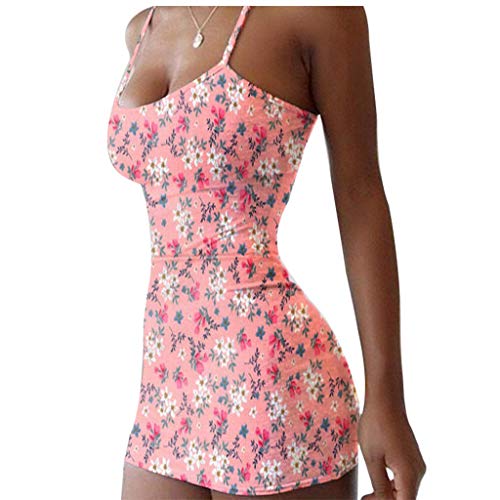 Tomwell Sommerkleid Damen Casual Sexy Rückenfrei Minikleid Blumen Spaghettiträger Strandkleider Ärmellos Kurz Kleider V-Ausschnitt Schöne Kleider L Rosa XS von Tomwell