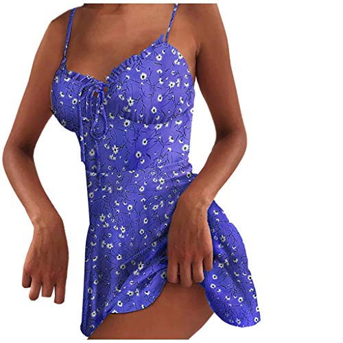 Tomwell Sommerkleid Damen Casual Sexy Rückenfrei Minikleid Blumen Spaghettiträger Strandkleider Ärmellos Kurz Kleider V-Ausschnitt Schöne Kleider M Blau L von Tomwell