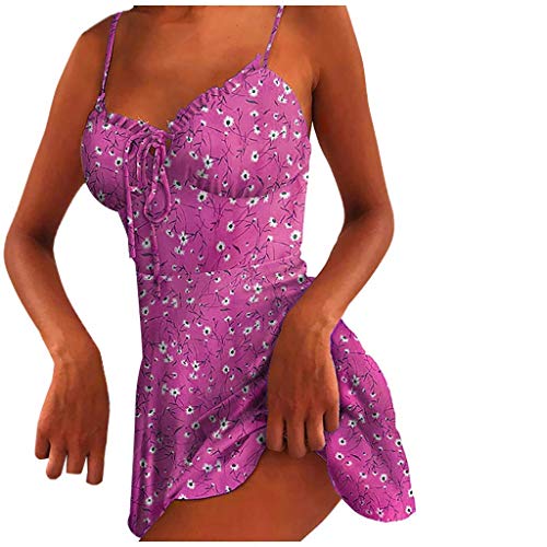 Tomwell Sommerkleid Damen Casual Sexy Rückenfrei Minikleid Blumen Spaghettiträger Strandkleider Ärmellos Kurz Kleider V-Ausschnitt Schöne Kleider M Rosa L von Tomwell