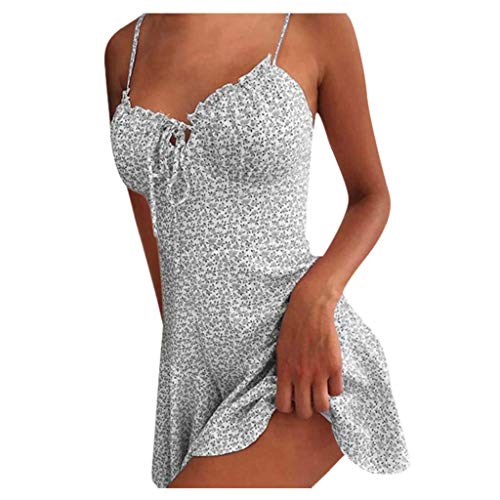 Tomwell Sommerkleid Damen Casual Sexy Rückenfrei Minikleid Blumen Spaghettiträger Strandkleider Ärmellos Kurz Kleider V-Ausschnitt Schöne Kleider N Grau M von Tomwell