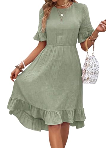 Tomwell Sommerkleid Damen Elegant Rüschen Halbarm Rundhals Midikleid Musselin Kleid Casual Knielang Blusenkleid Baumwolle und Leinen Großer Saum Taille Wickelkleid A Hellgrün XS von Tomwell