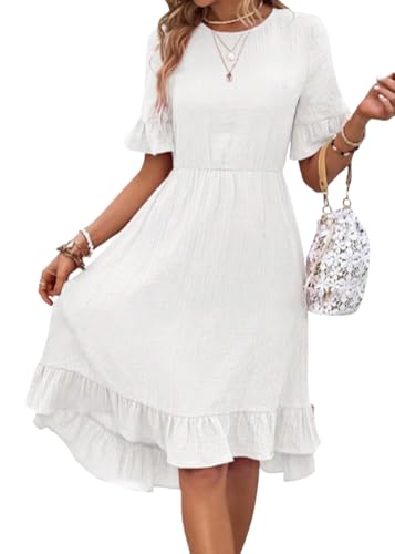 Tomwell Sommerkleid Damen Elegant Rüschen Halbarm Rundhals Midikleid Musselin Kleid Casual Knielang Blusenkleid Baumwolle und Leinen Großer Saum Taille Wickelkleid A Weiß L von Tomwell