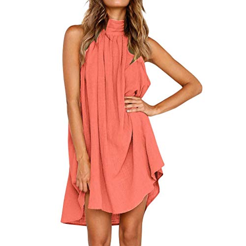 Tomwell Sommerkleid Damen Kleider Loose Casual Strandkleid Cover Up Tunika Ärmellos MiniKleid Neckholder Sexy Einfarbig Freizeitkleid UnregelmäßIges Kleid Damen Knielang A Rosa M von Tomwell