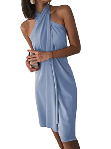 Tomwell Sommerkleid Damen Knielang Leinen Asymmetrisch Elegant Rückenfreies Minikleid Kurz Lässig Ärmellos Sexy Neckholder Einfarbig Trägerkleid Casual Strandkleid B Blau M von Tomwell