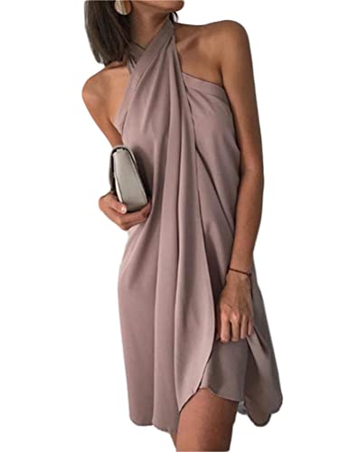 Tomwell Sommerkleid Damen Knielang Leinen Asymmetrisch Elegant Rückenfreies Minikleid Kurz Lässig Ärmellos Sexy Neckholder Einfarbig Trägerkleid Casual Strandkleid B Khaki 3XL von Tomwell