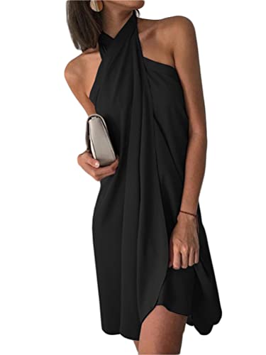 Tomwell Sommerkleid Damen Knielang Leinen Asymmetrisch Elegant Rückenfreies Minikleid Kurz Lässig Ärmellos Sexy Neckholder Einfarbig Trägerkleid Casual Strandkleid B Schwarz L von Tomwell