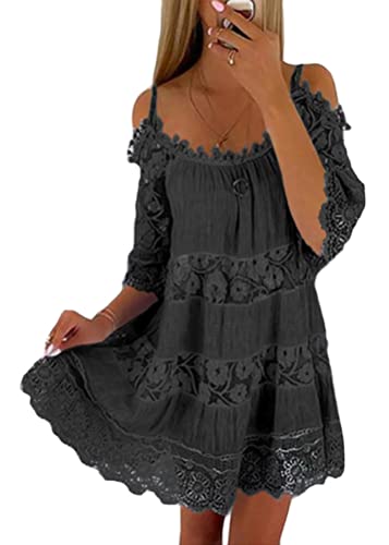 Tomwell Sommerkleid Damen Knielang V-Ausschnitt Ärmellos Rückenfrei A Linie Abendkleider Elegant Festlich Kleid für Hochzeit Sexy Sommer Spitzen Boho Kleid Strandkleid A Schwarz XXL von Tomwell