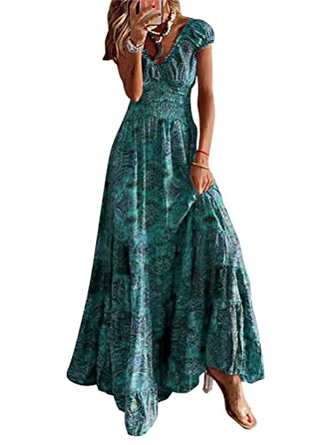 Tomwell Sommerkleid Damen Kurz Lässiges Leichte für Kleider Sommer A-Linie Kleid Mit V-Ausschnitt Maxikleider Strandkleid Strandmode Lässiges einfarbiges Schnürung Kleider Sommermode A Grün M von Tomwell