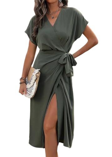 Tomwell Sommerkleid Damen Kurzarm Elegant Kleider Sommer V-Ausschnitt Wickelkleid Einfarbig Blusenkleid A Armeegrün M von Tomwell