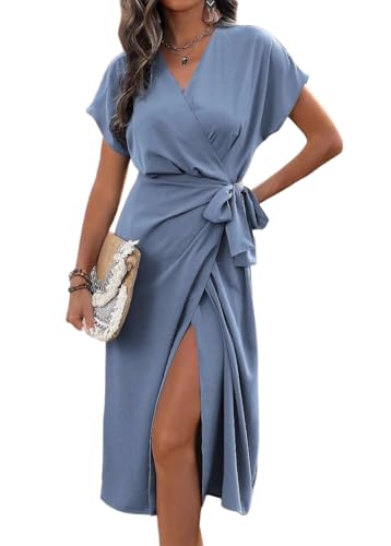 Tomwell Sommerkleid Damen Kurzarm Elegant Kleider Sommer V-Ausschnitt Wickelkleid Einfarbig Blusenkleid A Blau M von Tomwell