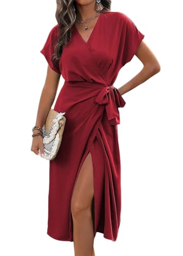 Tomwell Sommerkleid Damen Kurzarm Elegant Kleider Sommer V-Ausschnitt Wickelkleid Einfarbig Blusenkleid A Rot L von Tomwell
