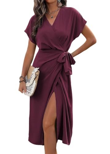 Tomwell Sommerkleid Damen Kurzarm Elegant Kleider Sommer V-Ausschnitt Wickelkleid Einfarbig Blusenkleid A Violett S von Tomwell