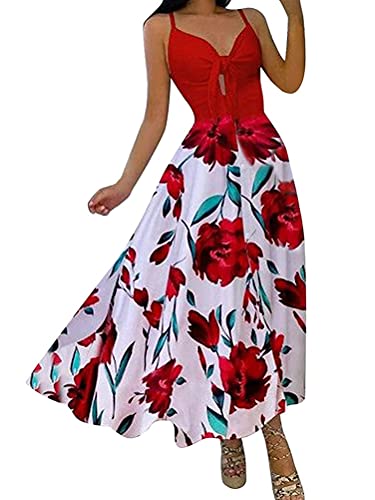 Tomwell Sommerkleid Damen Lang Swing Beachkleid Lange Kleider Drucken Maxikleid Freizeitkleid Strandkleid Sommer Casual V-Ausschnitt Kleider Abendkleider Cocktailkleider Rot XS von Tomwell