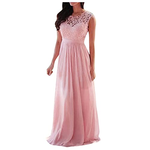 Tomwell Sommerkleid Damen Maxikleider Spitze Applique Elegant Ärmellos Brautjungfernkleider Bodenlang Hochzeitsgast Kleid Abendkleid A Rosa 3XL von Tomwell